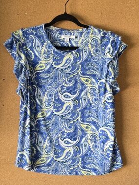 Chico’s Short Sleeve Blue Paisley Blouse Ruffled Sleeve Women’s 1 M